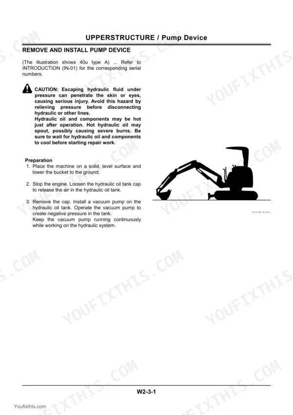 Hitachi EX40u, EX50u, 50u procedure for removing and installing the hydraulic pump device with safety precautions.