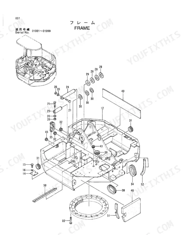 Hitachi EX40UR-2 exploded view diagram of the main frame assembly, including mounting hardware, seals, and swing bearing.