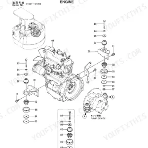 Hitachi EX40UR-2 engine and pump device mounting parts exploded view diagram showing rubber mounts and hardware.
