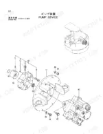 Hitachi EX40UR-2 pump device exploded view showing hydraulic pump, mounting plate, coupling, and hardware components.