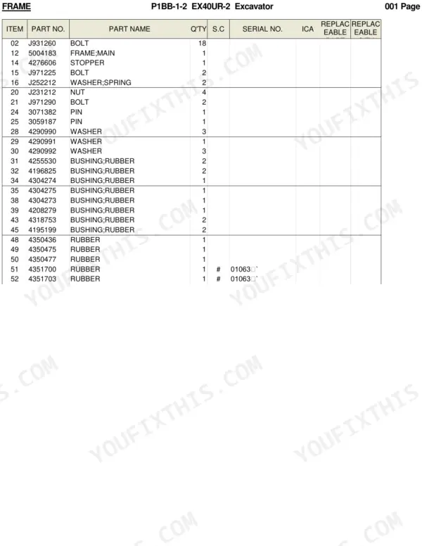Hitachi EX40UR-2 parts list table for main frame components, including bolts, nuts, washers, and rubber bushings.