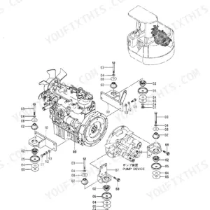 Hitachi EX40UR-2C engine mounting exploded view showing engine, pump device, and vibration isolator components.