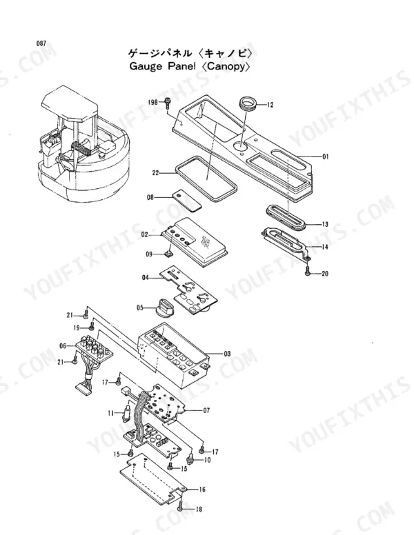 Hitachi EX40UR exploded view of the canopy gauge panel assembly, showing switches, circuit boards, and housing components.