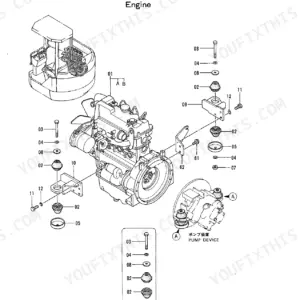 Hitachi EX40UR engine mounting exploded view showing engine, pump device, rubber mounts, bolts, and brackets.