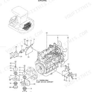 Hitachi EX45-2, EX40-2 engine exploded view showing pump device support, mounts, and hardware components.