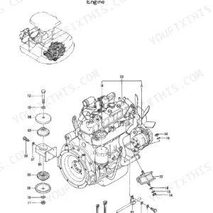 Hitachi EX45 engine exploded view showing engine mounting components, bolts, washers, and brackets with reference numbers.