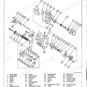 Hitachi EX45 exploded view of upperstructure pump device showing internal components, gears, and parts list index.