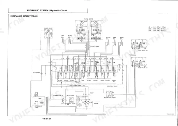 Hitachi EX45 hydraulic circuit diagram showing control valve, pump, pilot valves, and cylinders for boom, arm, and bucket.