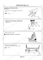 hitachi-ex45-excavator-service-manual-km510e-01-procedures-228.webp Hitachi EX45 service manual page showing cab removal procedure, including seat, wiring, and mounting bolt diagrams.
