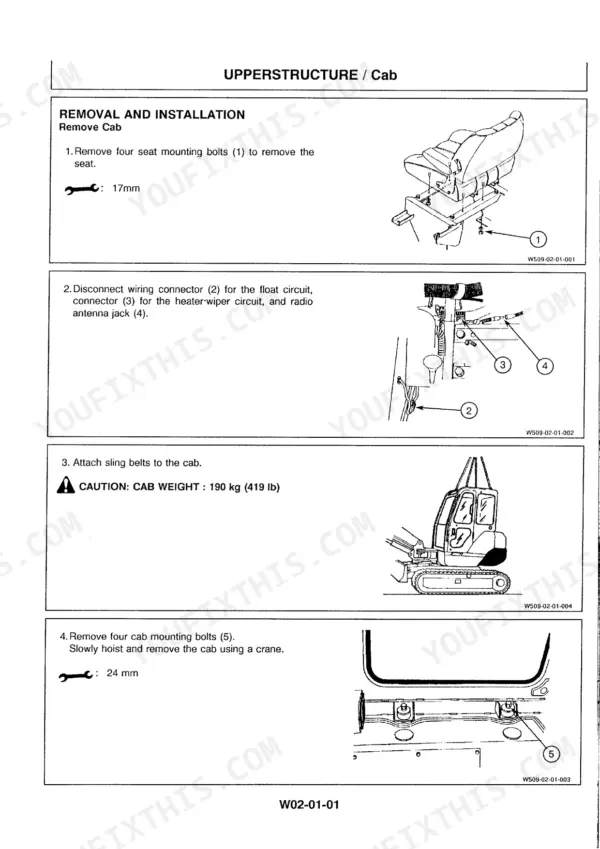 Hitachi EX45 service manual page showing cab removal procedure, including seat, wiring, and mounting bolt diagrams.