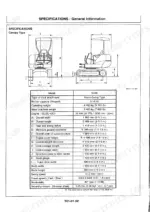 hitachi-ex45-excavator-service-manual-km510e-01-specs-23.webp Hitachi EX45 canopy type excavator dimensions diagram and technical specifications table including weight and engine data.