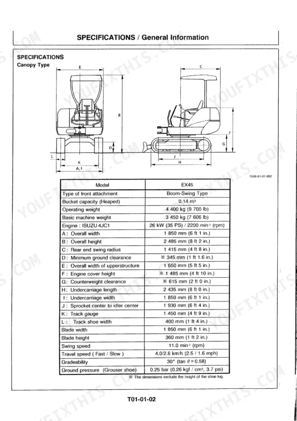 Hitachi EX45 canopy type excavator dimensions diagram and technical specifications table including weight and engine data.
