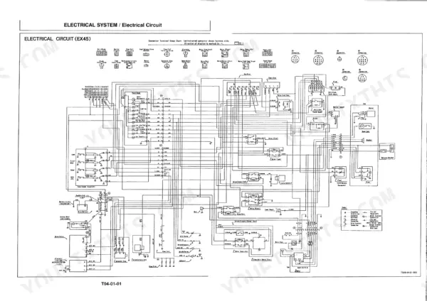 Hitachi EX45 electrical system wiring diagram showing connector terminal usage, relays, fuses, and component circuits.