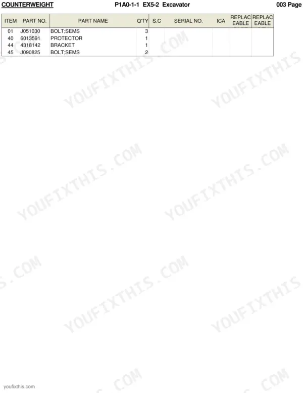 Hitachi EX5-2 parts list table for counterweight components including bolts, protector, and bracket part numbers.