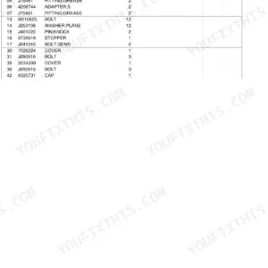 Hitachi EX5-2 parts list table for main frame components including bushings, grease fittings, bolts, and covers.