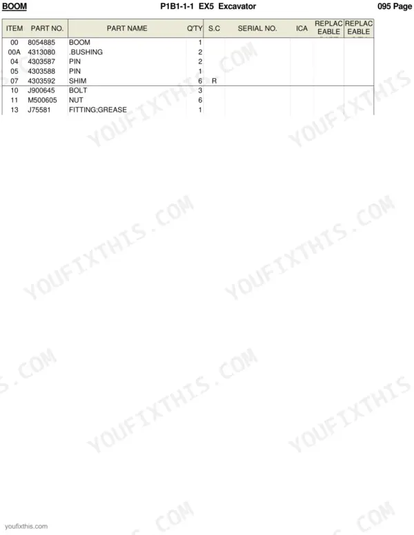 Hitachi EX5 parts list table for boom components including bushings, pins, shims, bolts, nuts, and grease fittings.