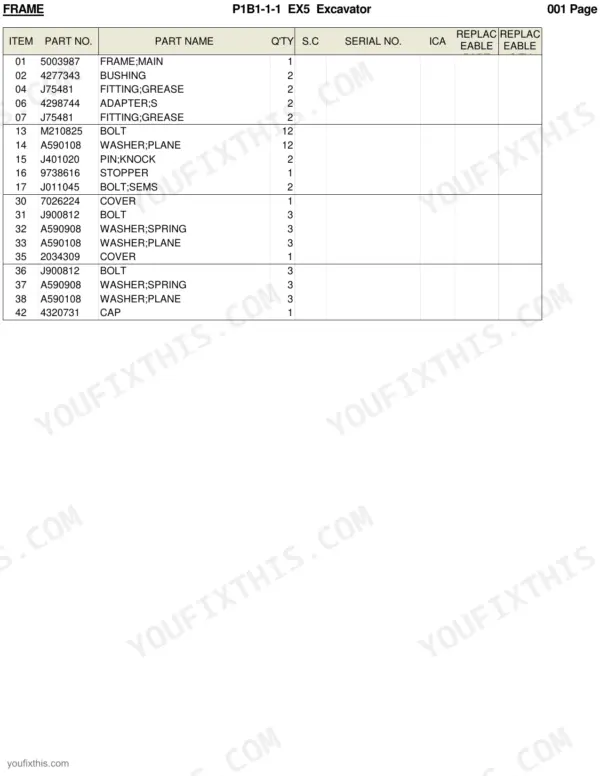 Hitachi EX5 excavator parts list table for main frame components including bushings, grease fittings, bolts, and covers.
