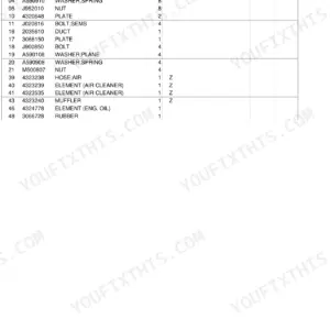 Hitachi EX5 excavator engine parts list table showing part numbers for air cleaner elements, muffler, and mounting hardware.
