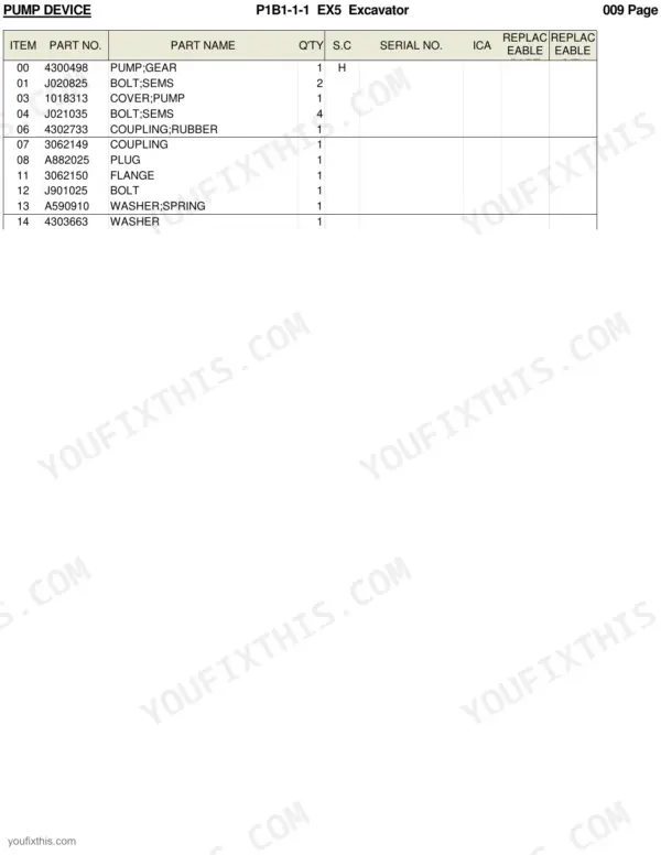 Hitachi EX5 parts list table for pump device showing gear pump, coupling, flange, and hardware part numbers.
