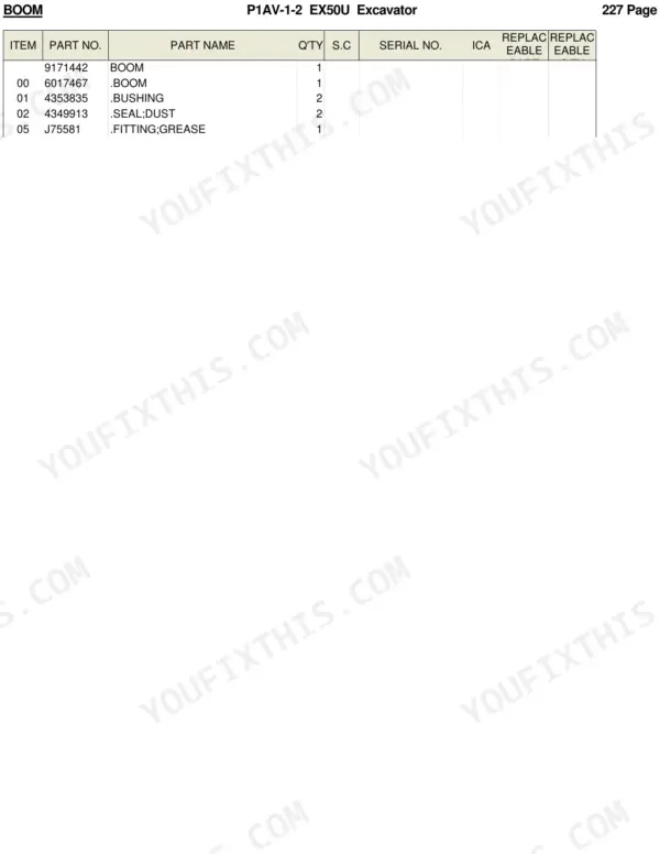Hitachi EX50U boom parts list table including part numbers for bushings, dust seals, and grease fittings.