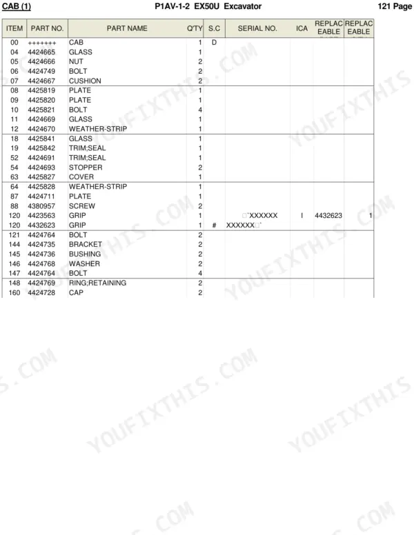 Hitachi EX50U parts list table for cab components including glass, bolts, weather-strip, and grips.
