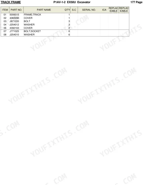 Hitachi EX50U parts list table for track frame components including covers, bolts, and washers.