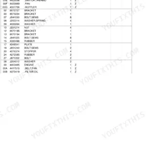 Hitachi EX50U engine parts list table showing switches, sensors, fan, muffler, brackets, and hardware components.