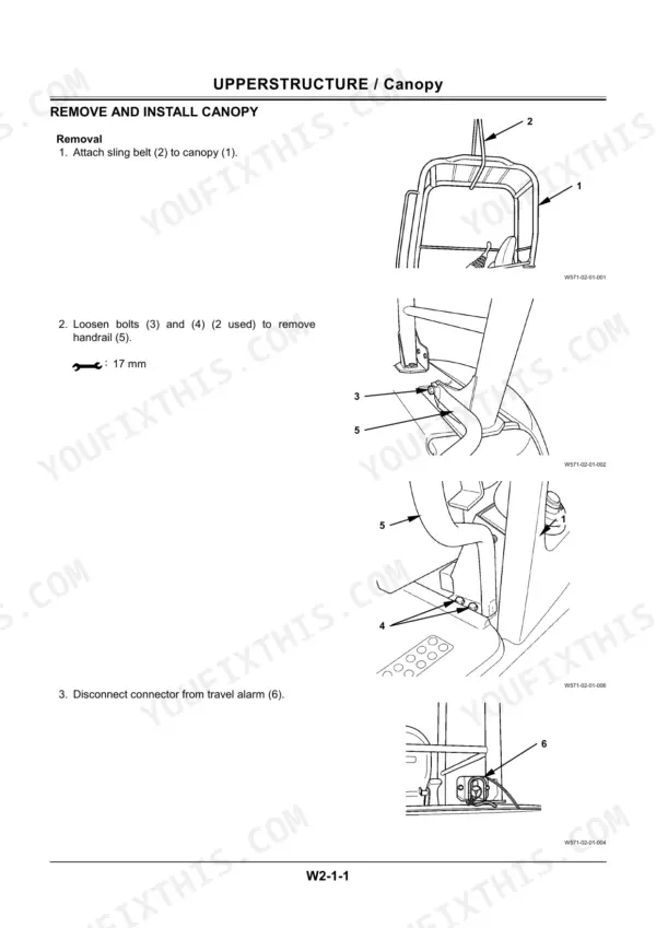 Hitachi EX50u procedure for removing the upperstructure canopy, handrail, and disconnecting the travel alarm.