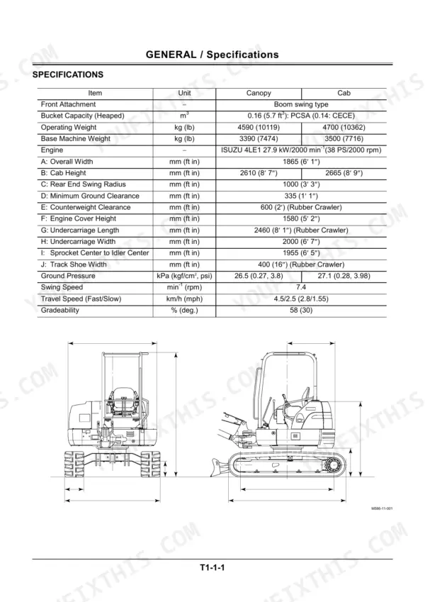 Hitachi EX50u technical manual page showing general specifications table and dimensional diagram for canopy and cab models.