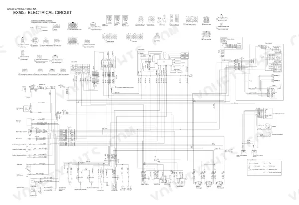 Hitachi EX50u electrical circuit diagram showing wiring connections, connector terminal locations, and relay configurations.