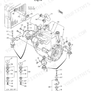 Hitachi EX50UR engine exploded view showing radiator, mounting brackets, and vibration isolator components.
