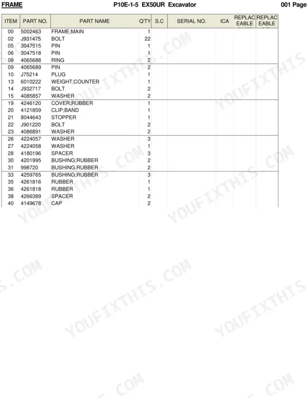 Hitachi EX50UR parts list table for main frame components including bolts, pins, counterweight, and rubber bushings.