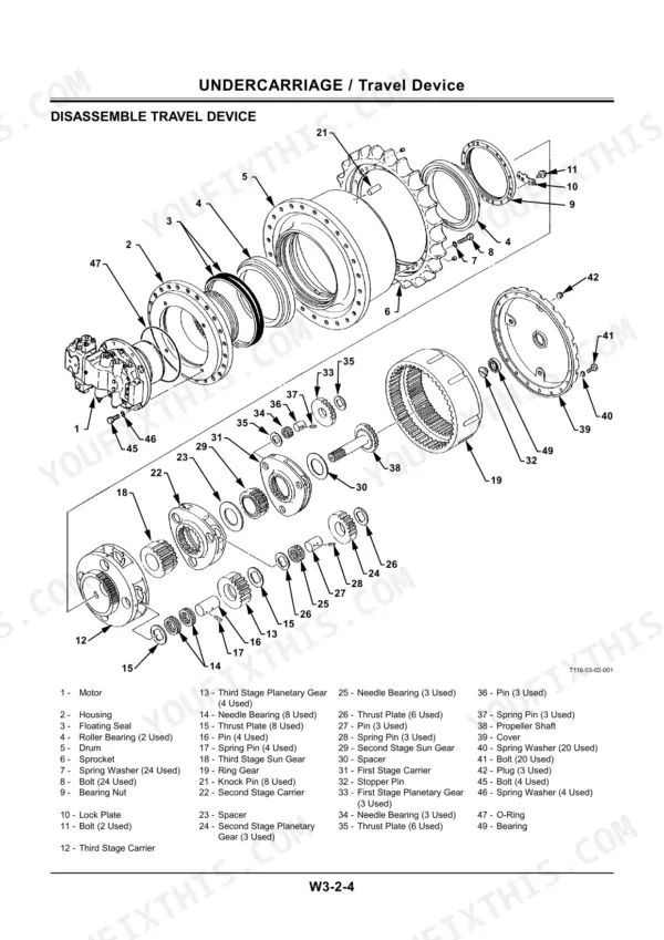 Hitachi EX550-5, EX600H-5, EX550LC-5, EX600LCH-5 exploded view diagram for disassembling the travel device undercarriage.