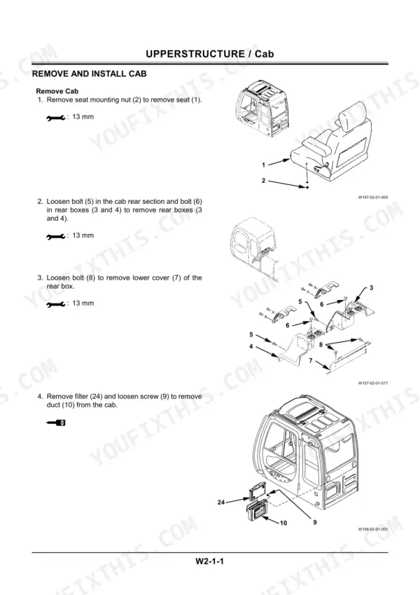 Hitachi EX550-5, EX600H-5, EX550LC-5, EX600LCH-5 cab removal procedure diagrams for seat, rear boxes, and air filter duct.