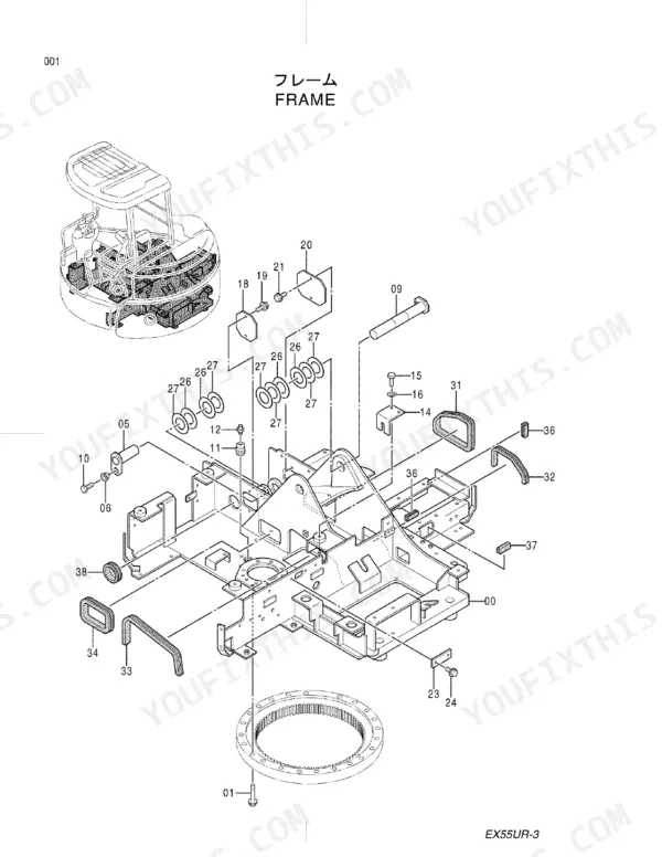 Hitachi EX55UR-3 exploded view diagram of the main frame assembly, including swing bearing, pins, and mounting hardware.
