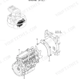 Hitachi EX55UR-3 exploded view diagram of the standard engine, radiator, and cooling fan assembly components.