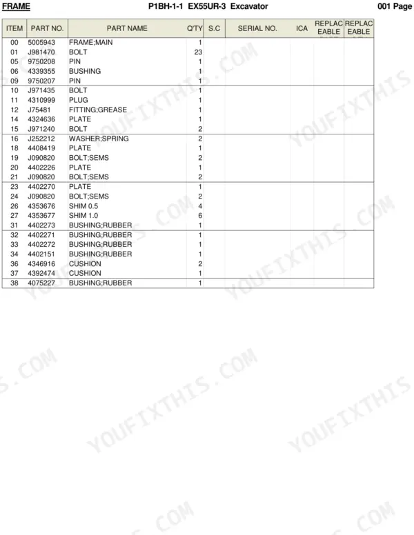 Hitachi EX55UR-3 parts list table for main frame components including bolts, pins, bushings, and cushions.