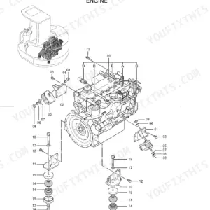 Hitachi EX55UR engine exploded view showing engine mounts, brackets, and hardware components.
