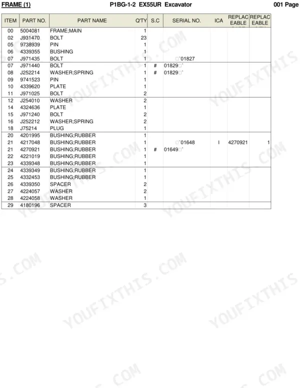 Hitachi EX55UR parts list table for main frame components including bolts, pins, rubber bushings, spacers, and washers.