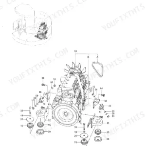 Hitachi EX58MU engine exploded view showing engine mounts, brackets, bolts, and drive belt components.