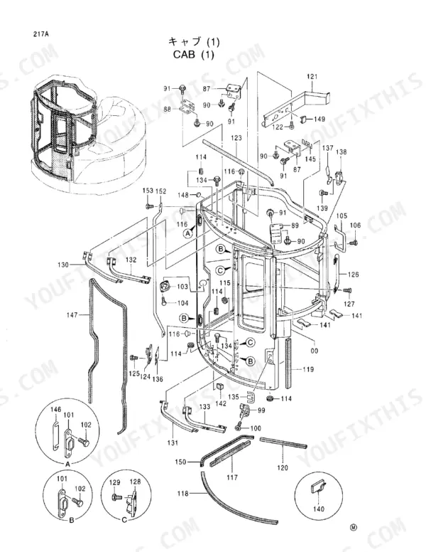 Hitachi EX58MU exploded view diagram of cab components, including frame, seals, brackets, and mounting hardware.