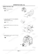 hitachi-ex750-5-ex800h-5-hydraulic-excavator-technical-manual-procedures-401.webp Hitachi EX750-5, EX800H-5 upperstructure cab removal procedure with diagrams for seat, rear boxes, and air duct components.