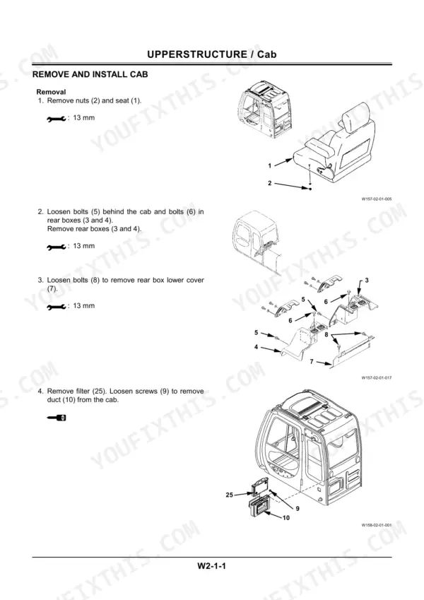 Hitachi EX750-5, EX800H-5 upperstructure cab removal procedure with diagrams for seat, rear boxes, and air duct components.