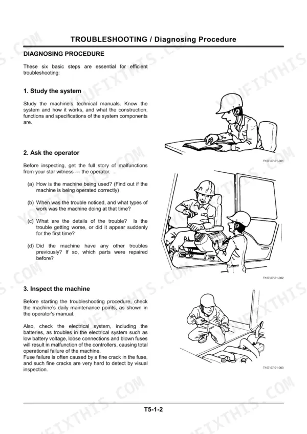 Hitachi EX750-5, EX800H-5 troubleshooting guide showing three basic diagnosing procedure steps and illustrations.