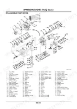 hitachi-ex75ur-5-75us-5-hydraulic-excavator-workshop-manual-w197e-00-hydraulic-parts-77.webp Hitachi EX75UR-5, 75US-5 exploded view diagram for pump device disassembly with numbered parts list.
