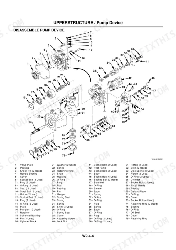 Hitachi EX75UR-5, 75US-5 exploded view diagram for pump device disassembly with numbered parts list.