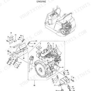 Hitachi EX8-2 engine exploded view showing engine block, mounting brackets, rubber dampers, and hardware components.