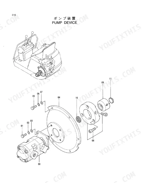 Hitachi EX8-2 exploded view diagram of the pump device showing hydraulic pump, coupling, and mounting hardware.