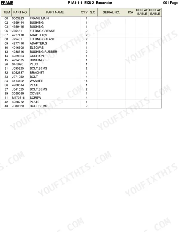 Hitachi EX8-2 parts list table for main frame components including bushings, grease fittings, bolts, and plates.