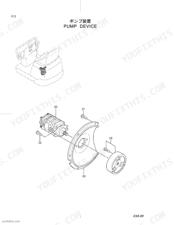 Hitachi EX8-2B pump device exploded view showing hydraulic pump, mounting plate, and coupling components.